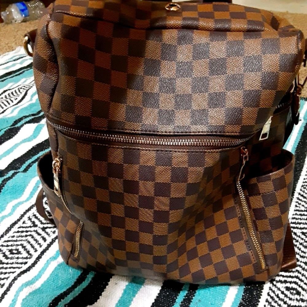 Brown checkered purse back pack